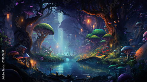 whimsical fantasy scene showing lush enchanted enchanted forest with mythical creatures AI designed photo