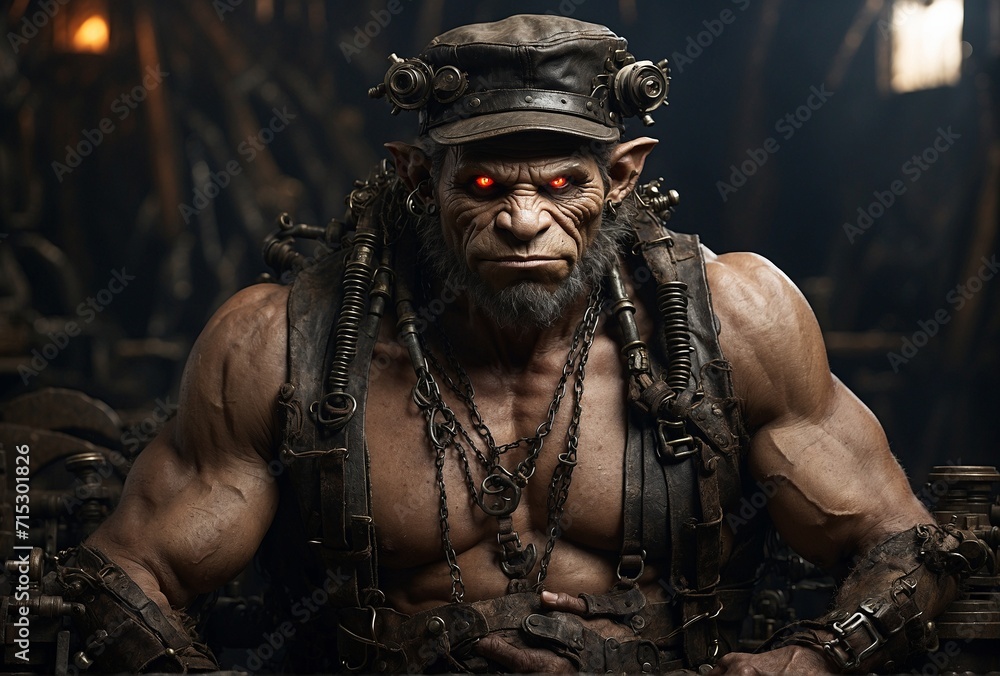 An exceptionally crafted dieselpunk troll captured in a stunning photograph. A mix of beauty and ruggedness, the troll's metallic body shines with tarnished bronze and copper hues An exceptionally crafted dieselpunk troll captured in a stunning photograph. A mix of beauty and ruggedness, the troll's metallic body shines with tarnished bronze and copper hues