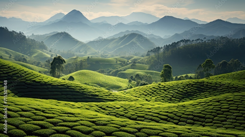 Tea plantation with a view of the mountains