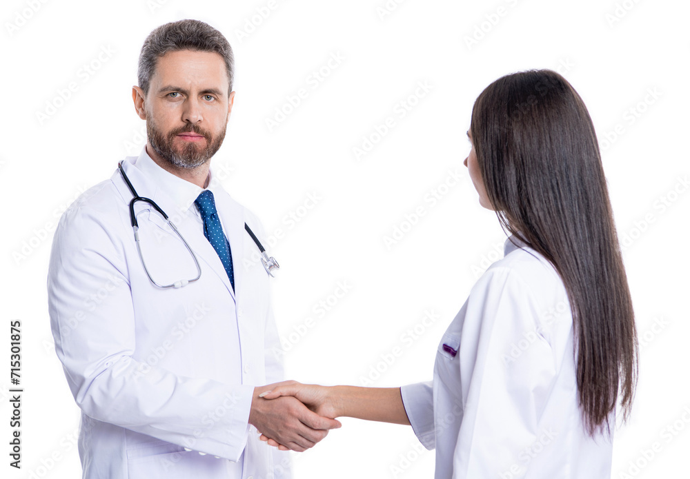 promotion deal in medicine. doctor handshake with nurse. healthcare insurance deal. medicine and healthcare. medical deal between two colleague isolated on white. Deal in progress promotion deal in medicine. doctor handshake with nurse. healthcare insurance deal. medicine and healthcare. medical deal between two colleague isolated on white. Deal in progress