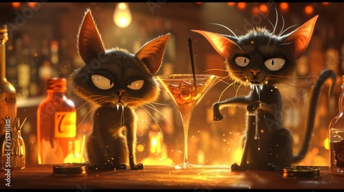 Cartoon scene The drinks were flowing well as much as a cat can drink as the zombie felines sipped on their tinis and milk of the undead tails. They swapped ghos