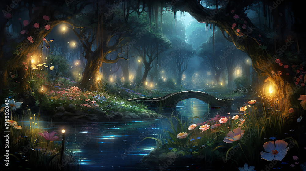 a whimsical scene depicting a magical garden at night