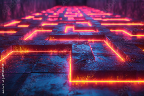An illustration of a 3D geometric maze glowing with neon lights, creating a vibrant labyrinth.