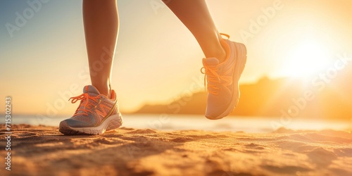 image of a person in sneakers walking along a sandy beach. Copy space. photo