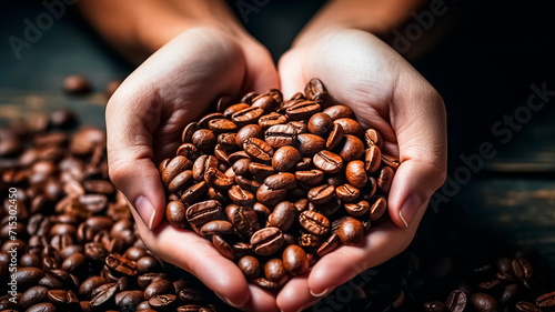 Coffee beans in female hands. Coffee Lovers. Ideal for Cafes and Coffee enthusiasts. photo