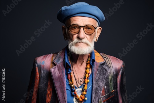 Portrait of a senior hippie man with hat and glasses. © Inigo