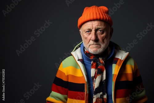 Portrait of an elderly man with a gray beard and a colorful scarf on a dark background.