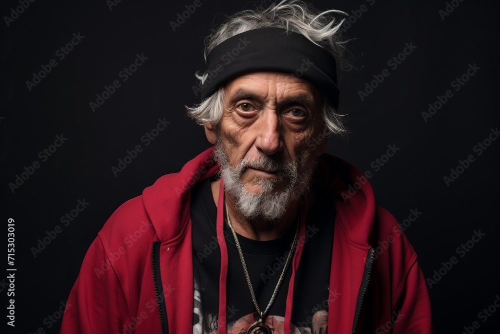 Portrait of an old man with a gray beard and a red hoodie on a black background. Portrait of an old man with a gray beard and a red hoodie on a black background.