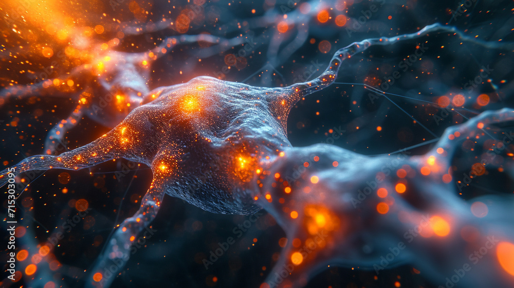 A depiction of a 3D neuron network, with neon synapses and nerve pathways. A depiction of a 3D neuron network, with neon synapses and nerve pathways.