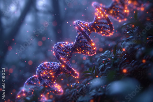 An artistic rendering of DNA helices, illuminated with neon accents and set in a 3D space. © Oleksandr