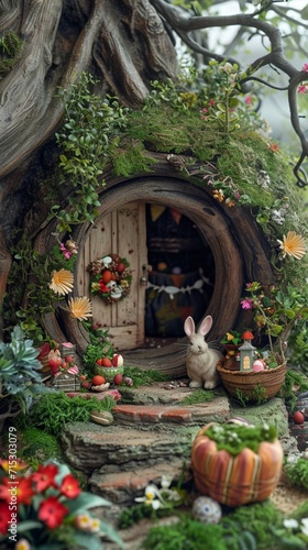 A charming rabbit burrow entrance adorned with Easter decorations, hinting at the festive celebrations happening within.