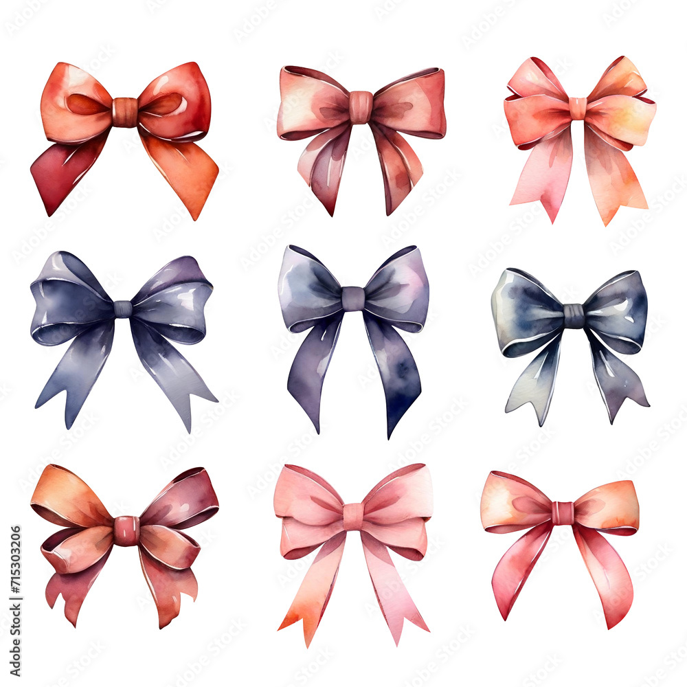 Set of bows in a watercolor style isolated on a white background. Colored decorative bows for cards, invitations, scrapbooking, and decor.