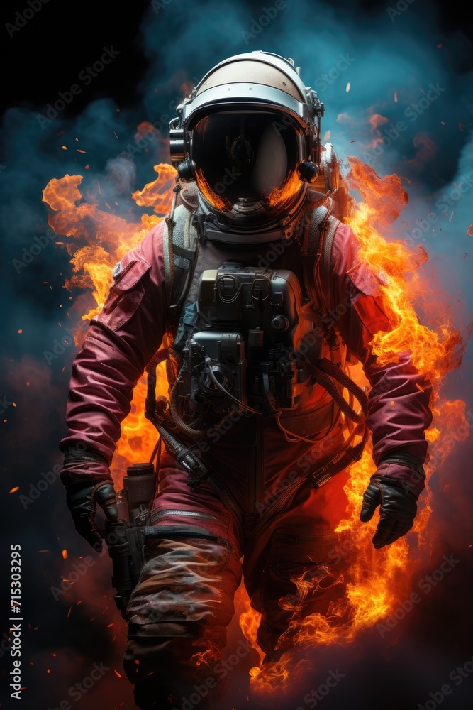 Epic shot, astronaut in flames standing on a black background, in the style of game wallpaper, chromepunk, hdr, ultra realistic, light cyan and red, epic composition, epic pose, vibrant colors, ultra 