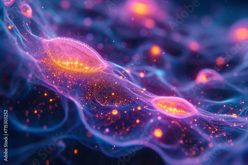 A depiction of a vibrant, neon-lit fungal network, with interconnected mycelium and spores. photo