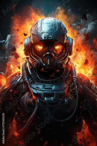 Epic shot, astronaut in flames standing on a black background, in the style of game wallpaper, chromepunk, hdr, ultra realistic, light cyan and red, epic composition, epic pose, vibrant colors, ultra  © akimtan