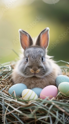A close-up of a fluffy bunny surrounded by pastel-colored Easter eggs in a soft, grassy nest.