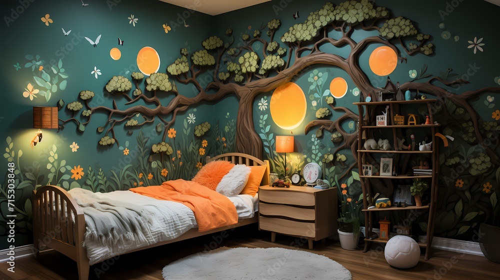 Baby room interior with colorful bed and walls decor and play room
