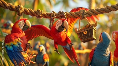 One parrot hangs upside down from a perch telling a joke about a pirate and a treasure chest. The rest of the parrots cackle and whistle with laughter while a confused cra photo