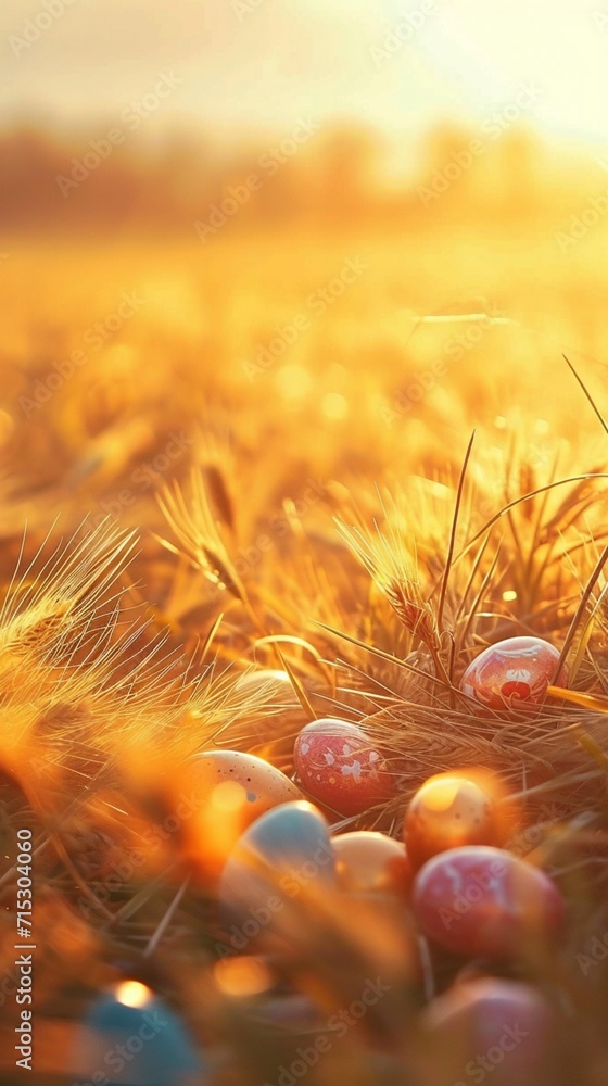 A field of golden wheat with Easter eggs nestled among the stalks, basking in the warm glow of the setting sun.