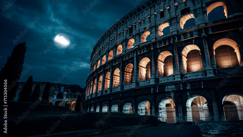 Colosseum at night on full moon in Rome, Italy. Ancient Rome. History and Travel concept.