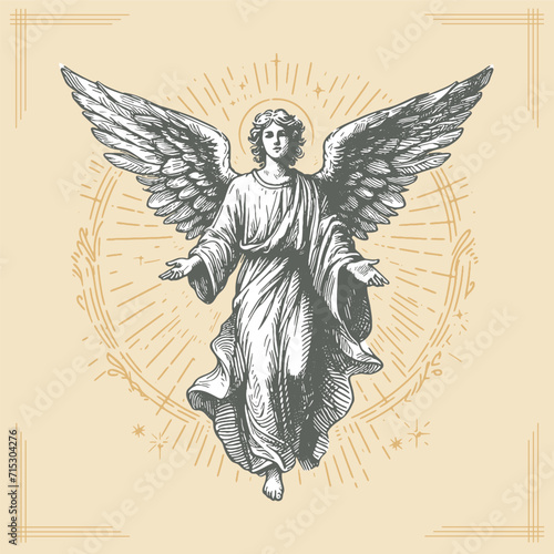 angel heavenly god vector sketch drawing in stencil style on a beige background