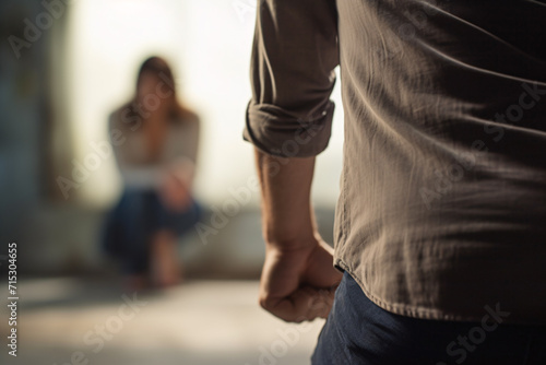 Back view of aggressive man with defocused clenched fist with woman in blurry background photo