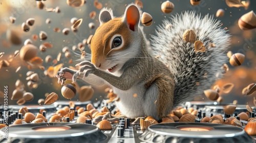 The squirrel DJ blasts upbeat music while squirrels bounce around on acorn shells making it rain nuts on the dance floor photo
