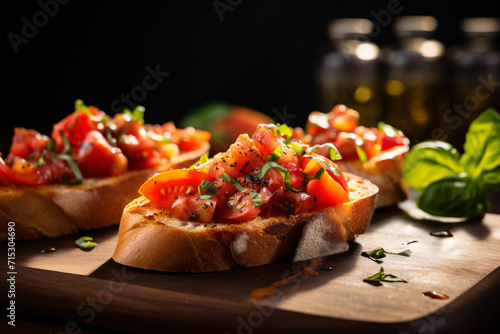 Bruchetta, a grilled bread rubbed with garlic with tomato toppin on cutting board