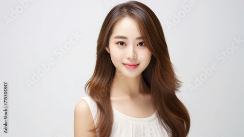 Beautiful Asian Chinese Woman Portrait Studio Photo Photography Profile Picture Young Model with Long Hair for Fashion Beauty Skincare Haircare Products on White Light Color Background 16 9