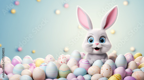 Wallpaper Mural Happy gray bunny among colorful Easter eggs on a blue background with space for text in cartoon 3D style Torontodigital.ca
