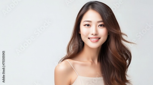 Beautiful Asian Chinese Woman Portrait Studio Photo Photography Profile Picture Young Model with Long Hair for Fashion Beauty Skincare Haircare Products on White Light Color Background 16 9