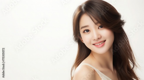 Beautiful Asian Chinese Woman Portrait Studio Photo Photography Profile Picture Young Model with Long Hair for Fashion Beauty Skincare Haircare Products on White Light Color Background 16:9