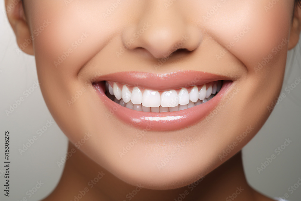 Obraz premium Close up of young woman's smile with white straight teeth