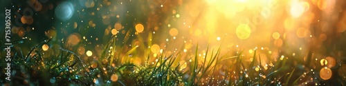 Fotografia Lush green grass on meadow with drops of water dew in shining light
