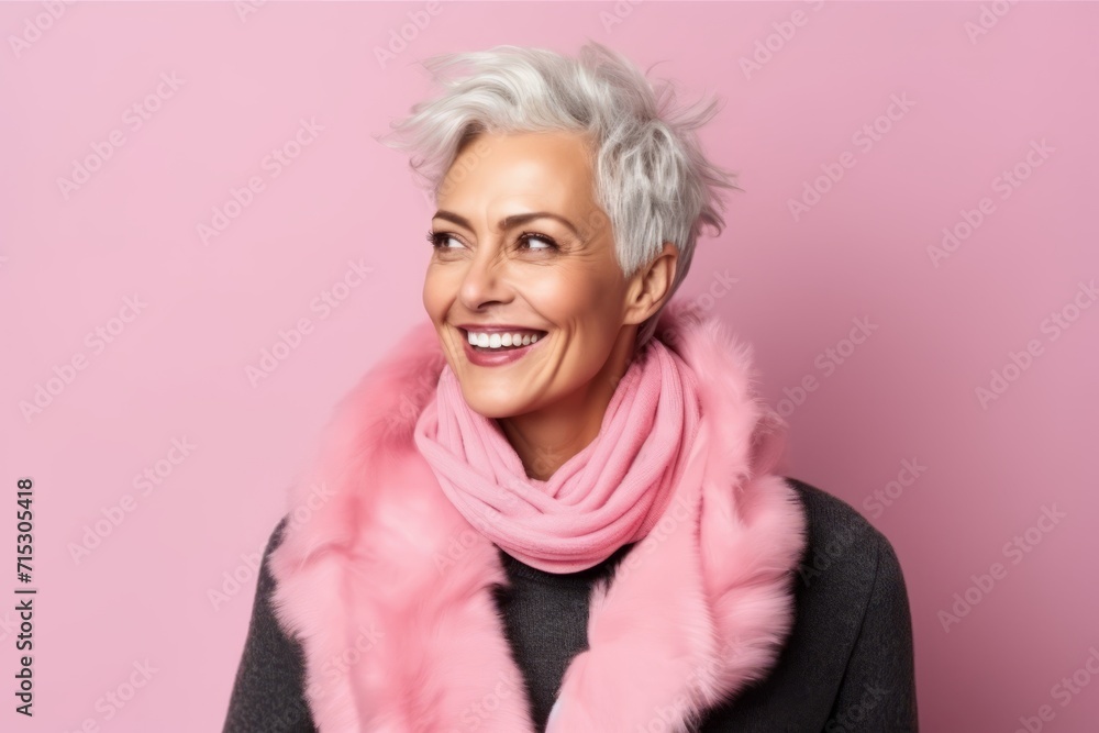 Portrait of happy senior woman in fur coat and pink scarf over pink background Portrait of happy senior woman in fur coat and pink scarf over pink background