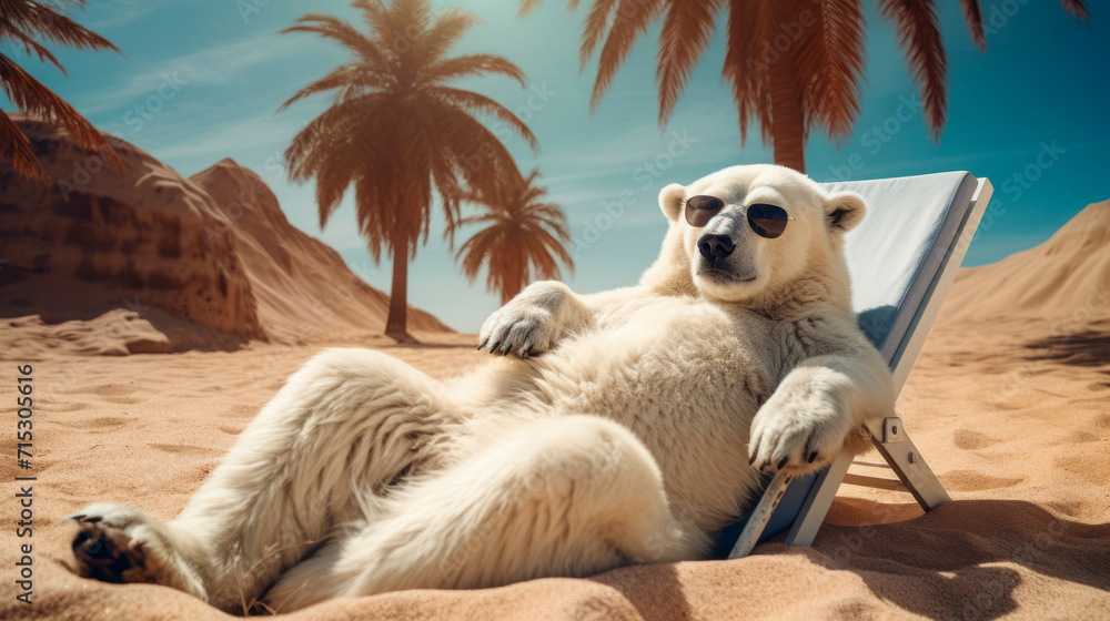 Fototapeta premium Anthropomorphic polar bear wearing goggles relaxing on a beach chair. blurred tropical background. summer day with beautiful beach and umbrellas in the distance. Beach vacation and resort