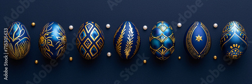 A group of Easter eggs with blue and gold decoration on a blue background. Flat lay  top view.  Religious holiday. Banner  card with place for text. Free copy space