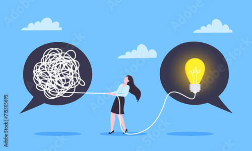 Unravel business chaos process with tangle difficult problem mess business concept flat style design vector illustration. Chaos to order, complex to simple metaphor with person trying solve mess cable