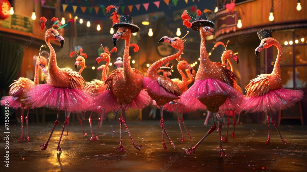 A group of sy flamingos showing off their synchronized dance moves clad in glittery tutus and top hats at the fiestas Great Flamenco Showdown - obrazy, fototapety, plakaty 