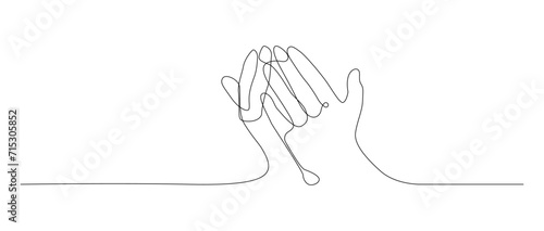 One continuous line drawing of hand in praying pose. both two raised hands up .doodle outline art line vector illustration.