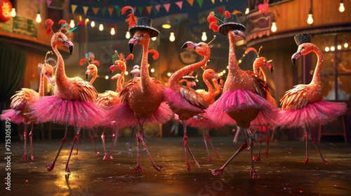 A group of sy flamingos showing off their synchronized dance moves clad in glittery tutus and top hats at the fiestas Great Flamenco Showdown