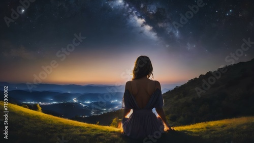 Girl sits on a hill at dusk and looks into the distance. A woman watches the starry night sky.