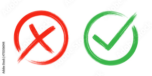 Two dirty grunge cross x and tick OK check marks in check boxes, hand drawn with brush strokes vector illustration isolated on white background. Check mark symbol NO and YES buttons for web vote, etc.