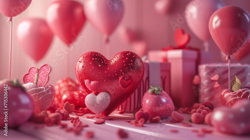 Romantic Red Valentine's day with Hearts, Roses, and Balloons for a Festive Celebration