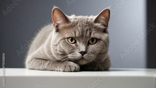 A gray cat with soft fur sits calmly, looking composed and relaxed