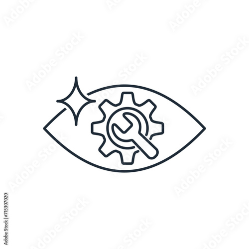 Eye and settings. Viewing tools.  Vector linear icon isolated on white background.