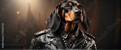 portrait of a black and tan coonhound wearing a punk rock leather jacket with rhinestones