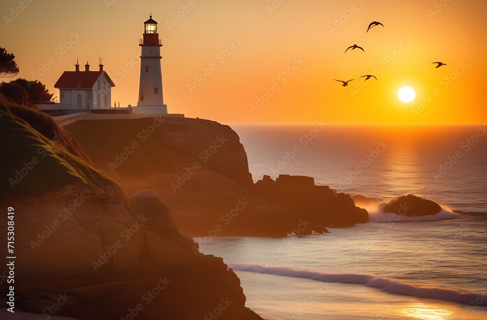 Beautiful lighthouse landscape during sunset on the coast. A flock of birds is flying in the sky. Created by artificial intelligence. 