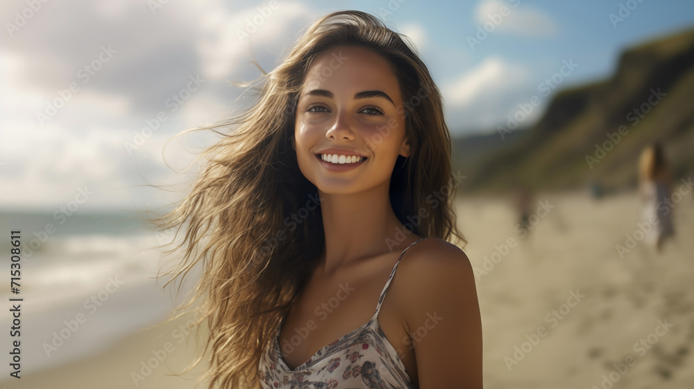 Beachside Radiance: Joyful Young Woman Embracing the Sun
