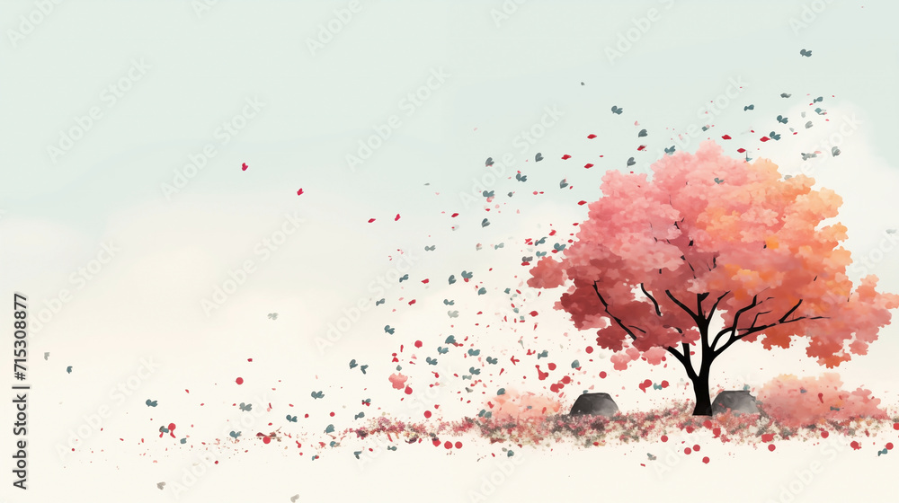 Spring's Gentle Touch: Whimsical Tree Illustration with Fluttering Petals
